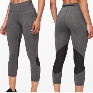 Lululemon Pace Rival Crop Heathered Black/Gray Size 4 with Mesh Panels + pockets